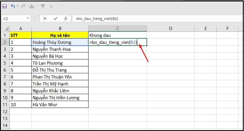 Các bước thực hiện bỏ dấu trong excel