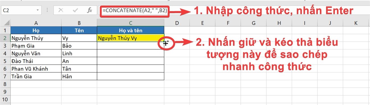 Cách sử dụng hàm CONCATENATE