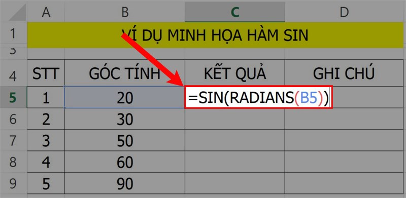 Sử dụng hàm SIN trong excel