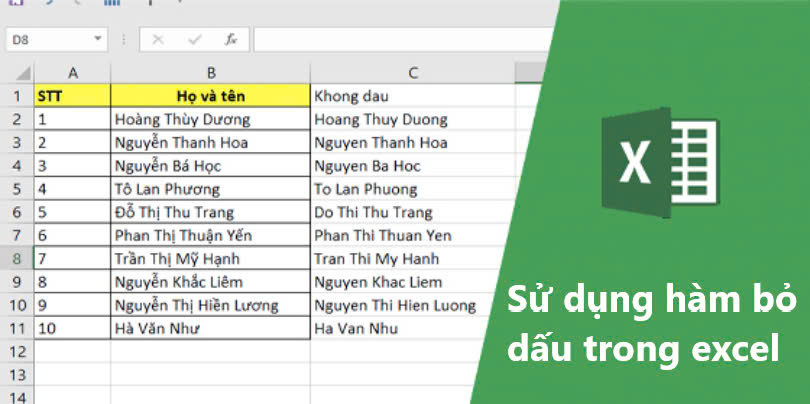 Sử dụng hàm bỏ dấu trong excel