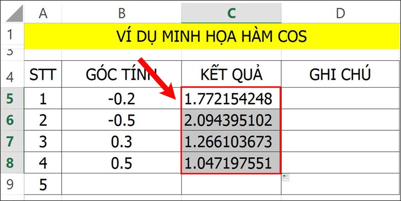 Sử dụng hàm COS trong excel