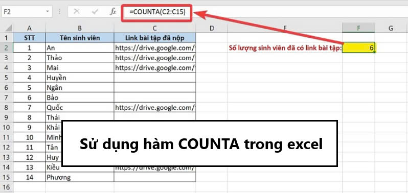 Sử dụng hàm COUNTA trong excel