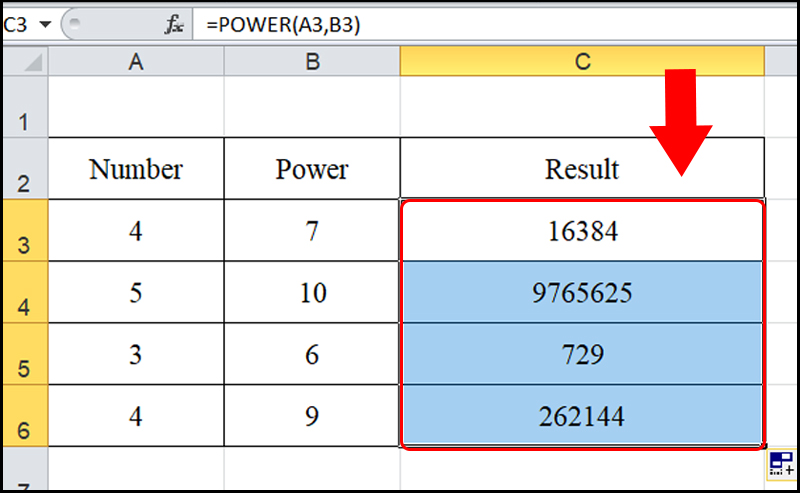 Sử dụng hàm POWER trong excel