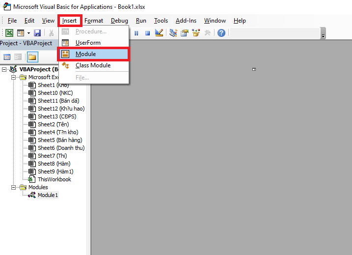 Tại cửa sổ VBA chọn Insert -Module