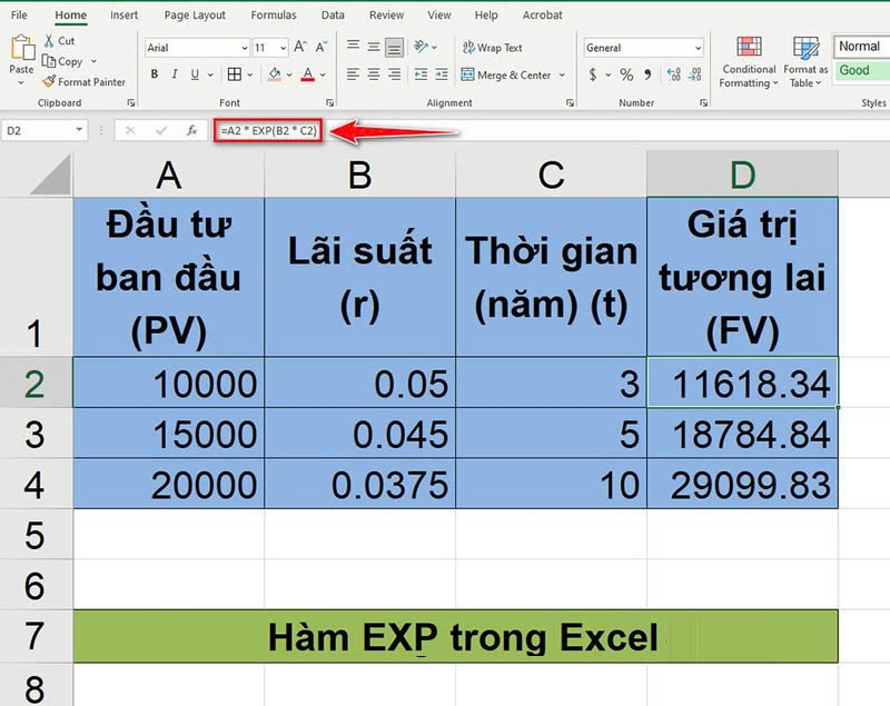 Ứng dụng hàm EXP trong excel