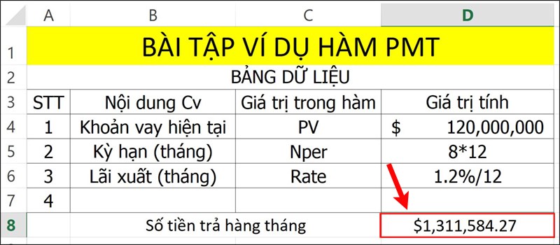 Ví dụ về hàm PMT trong excel